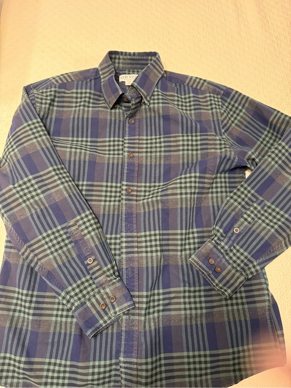 Orvis Men's Blue Green Plaid Flannel Button-Down Shirt size large